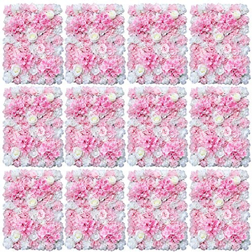 12 Pcs Künstliche Blumenwand Kunstblumen Panel Blumen Säule für Hintergrund, Dekoration, Hochzeit, Party 60 x 40cm Rosa Weiß