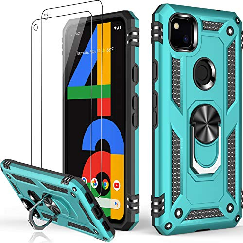 LUMARKE Schutzhülle für Google Pixel 4A, mit Displayschutzfolie, Fallgetestet, militärische Qualität, mit magnetischem Ring-Ständer, kompatibel mit Autohalterung, Blaugrün