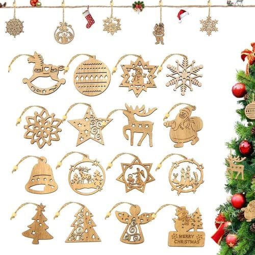 O-Kinee Weihnachtsbaumschmuck Holz, 16 Stück Weihnachtsschmuck aus Holz, Weihnachtsbaum Deko, Christbaumschmuck Holz, Schneeflocken Weihnachten Deko Mit Hanfseil und beweglichen Holzperlen A