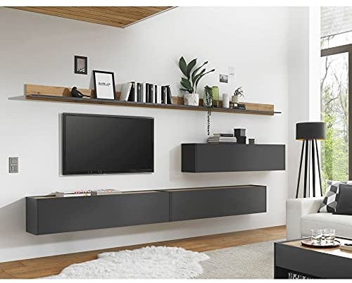Lomadox Hängende TV Wohnwand in anthrazit mit Absetzungen in Wotan Eiche Nb., B/H/T: ca. 340/180/30 cm