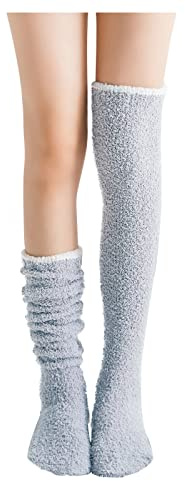 Thermal Fluffy Thigh High Socks Womens Pure Color Winter Coral Plush Wool Over The Knee Socks Soft Teddy Cozy Fuzzy Leg Warmers Fleece-Lined Sleep Home Stocking For Women Comfortable Gift