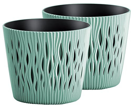 Tymar Blumentopf, 2er-Pack, Übertopf aus Kunststoff, Moderne, Runde Form, Pflanztopf,Innen- und Außenbereich, SR001 (Mint, ø 26 cm)