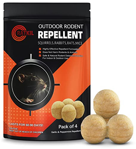 RatKil Outdoor Rodent Repellent Balls | Mouse Repellent, Rat Repellent, Squirrel Repellent - Safe & All Natural Garlic & Peppermint Repellent for Outdoors & Indoors - Pack of 4
