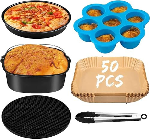 Accesorios para freidoras sin aceite son adecuados para la freidora de COSORI 5,5L, Molde para respostería, Bandeja para pizza, Estera de silicona, papel para freidora, pack 6 para Accesorios freidora
