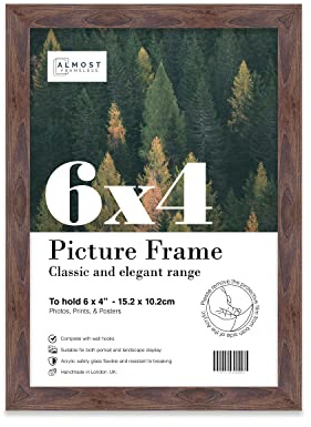 Almost Frameless 6x4 Walnut Picture Frame 6x4(15.2x10.2cm) Poster, Photo, Artwork, or Print. Thin Edge Slim Frame Portrait and Landscape Display with Wall Hooks