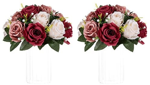 NUPTIO Blume Kugeln für Hochzeit Mittelstücke - 2 Stück 24cm Künstliche Blumen Ball Anordnung Bouquet Tabellen Burgunderrot & Staubiges Rosa & Cremeweiß Gefälschte Rose für Hochzeiten