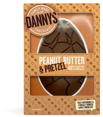 Danny's Easter Chocolate - Large Chunky 140g Peanut Butter & Pretzel Flat Egg Bar - Easter Eggs Chocolate - Easter Milk Chocolate Eggs for Kids - Plastic Free - Single Origin Cacao