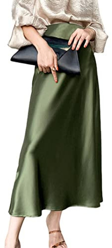 JACTZ Gonna Donna Donne Elegante Raso di Seta Midi Gonna di qualità A Vita Alta Gonne Lunghe per Le Donne Wrap A Line Gonna Maxi-Olive Green,M