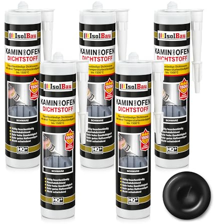 Isolbau Kamin & Ofen Dichtstoff - Feuerbeständige Dichtmasse bis 1500 °C - Für Reparatur & Füllung von Rissen in Kaminen & Öfen - Schwarz, 5 x 300 ml Tube