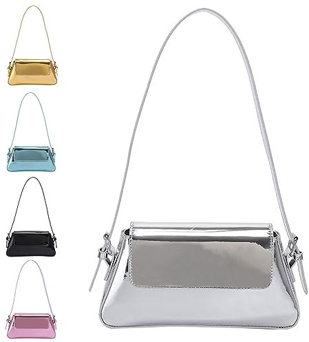 Y2k Damen Metallic Silber Geldbörse - Abend Hobo Bag Leder Tote Party Clutch, silber