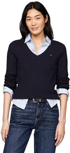 Tommy Hilfiger Women's CO Cable V-NK Sweater Pullover Sweater, Desert Sky, XL