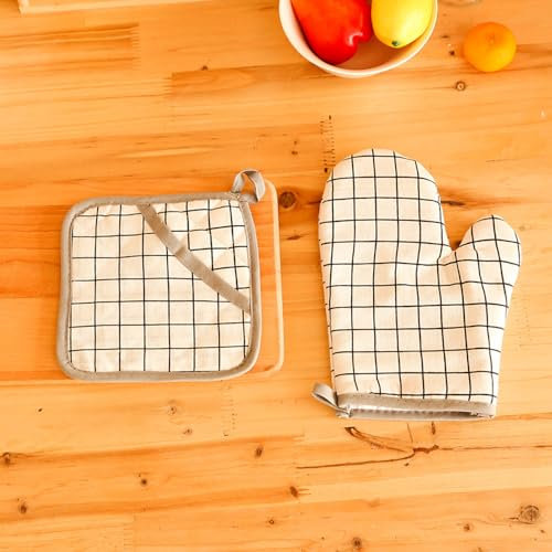 Ensemble Gant de Cuisine de Coton et de Lin en Motif à Carreaux Beiges (26cm x 17cm) et Manique (17cm x 17cm) pour BBQ Cuisson Cuisson Grill Micro-Ondes Automne Hiver