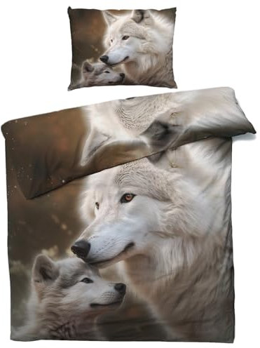 Wolf Bettwäsche 135x200 Winter - Wölfe Tiere Bettbezug 135 x 200 2er Set - Wendebettwäsche & Kissenbezug 80x80 cm - Weiche Mikrofaser Bettwäsche-sets mit Reißverschluss - Schlafzimmer Bett Deko