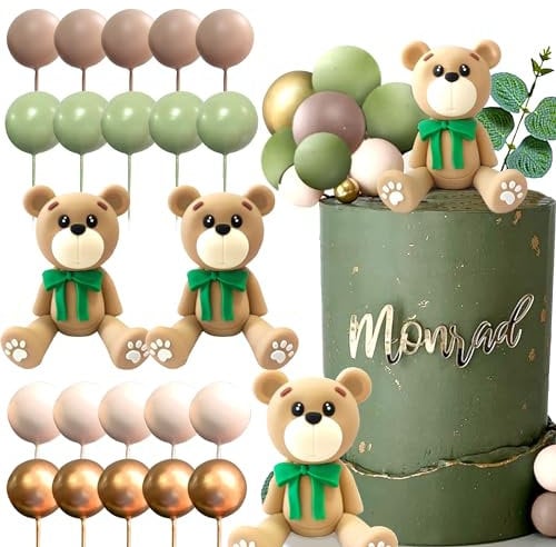 JeVenis Luxury Sage Green Baby Shower Cake Decoration Teddy Bear Cake Topper Gender Reveal Cake Decoration Bear Baby Shower Party Supplies Teddy Bear Decoration