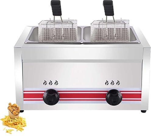 DPDZSW Friteuse à Gaz Professionnelle, Friteuse à Gaz 10L/20L/30L, Friteuse à Chips De Poulet en Acier Inoxydable pour Cuisine De Restaurant Commercial à Domicile,Doublecylinder10L+10L