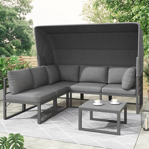 Garten-Loungesessel-Set, Lounge Möbel Outdoor mit Markise und Tisch, Sonneninsel-Sitzgruppe mit SitzKissen, Gartenmöbel-Set, Terassenmöbel Außen, für Garten und Terrasse Balkon, Grau