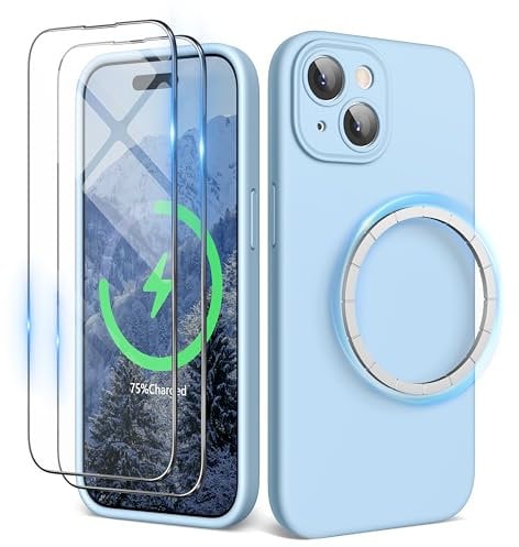 SURPHY Magnetic Case for iPhone 15 Plus Case with Screen Protector, Liquid Silicone Anti-Scratch Compatible with MagSafe Gel Rubber Phone Case for iPhone 15 Plus 6.7 inch (Light Blue)