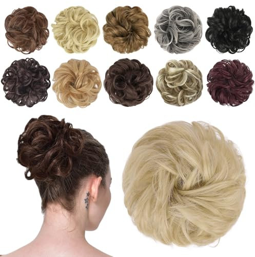 FESHFEN Haarteil Mit Gummiband, Dutt Haarteil Haargummi Mit Haaren Gelockt Haardutt Synthetisch Haar Haarverlängerung Pferdeschwanz Haarteile für Damen Mädchen, Aschblond 42g