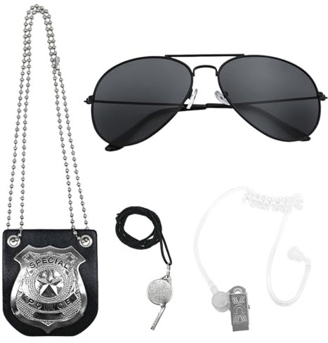 FUIPVGI 4 Piezas Accesorios Disfraz Policia, Disfraz de Policía con Silbato, Placa de policía, Gafas de Sol Policía Juguete Kit para Niños Halloween Fiesta Carnaval Juego de Roles Accesorios (Plata)