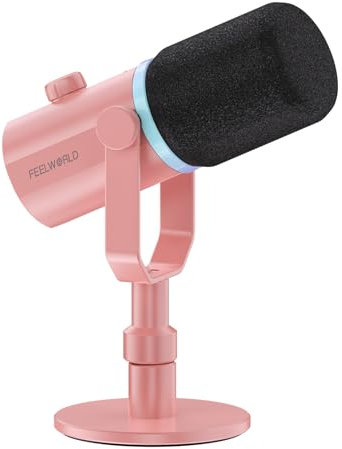FEELWORLD Pink PM1 XLR/USB Dynamic Microphone for Recording Podcasts, Gaming PC Microphone with RGB Light, Mute, Headphone Jack, Desktop Stand, XLR Cable