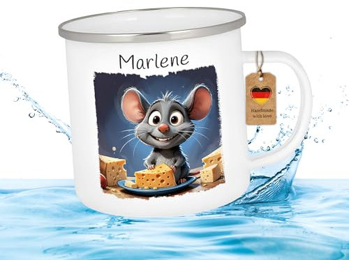 Druckerino Emaille Tasse für Kinder mit Namen personalisiert Geschenk personalisiert Namenstasse Tiere Geschenk mit Name Kinder Kindertasse mit Namen für den Kindergarten 300 ml (Maus)