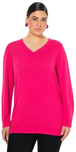 Ulla Popken Damen große Größen Übergrößen Plus Size Pullover, V-Ausschnitt, Langarm, weicher Feinstrick rot pink 54+ 791606548-54+