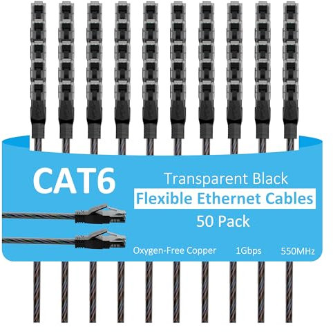 Cat6 Ethernet Cable 6 FT (50-Pack), Snagless Cat 6 Patch Cable, Upgraded Transparent Flexible PVC Jacket, OFC Oxygen-Free Copper, 1Gbps, Internet Network Cable, Cat6 Cables, UTP, Black Cable -50 Pack