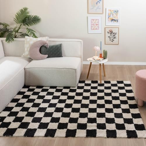 FRAAI Retro Teppich - Gambit Schwarz Weiß 120x170cm - Blöcke - Modern, Wohnzimmer, Kinderzimmer, Schlafzimmer - Fellteppich - Rug