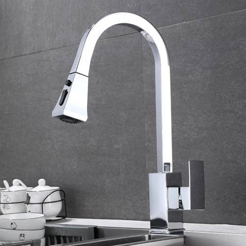 304 Stainless Steel Kitchen Faucet Cold and Hot Mixer Pull Out Two Function Deck Mounted Tap Square Black Sink Tap (Chrome A)