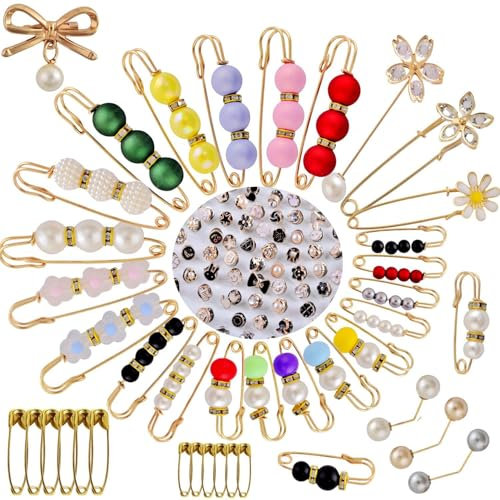 eswala Lot de 60 broches et épingles à nourrice pour femme - Tendance - Décoratives - Perles - Pour chaussettes, vêtements, chapeaux, pulls, châles, écharpes