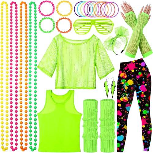 SaiXuan 26 Pcs 80er Jahre Neon Kleidung Damen Set, Netzshirt Damen, Fluoreszierende Westen, Stirnband, Ohrringe, Halskette, Netzhandschuhe, für 80er Jahre Outfit, Mottopartys, Bühnenshows (M)