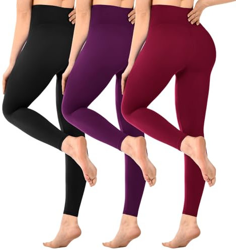 SINOPHANT Pack of 3 Women's High Waist Opaque Black Leggings for Gym Yoga Sports, Black/Plum Purple/Burgundy, S-M