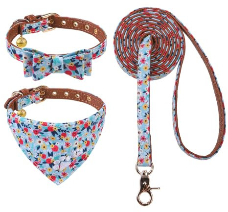 EXPAWLORER Welpenhalsband und Leine, Set mit Stickerei, florales Hundehalsband und Hundeleine, niedliche Blumen-Fliege und Bandana, Hundehalsband mit Glöckchen, Halsband und Leine für Hunde, Katzen,