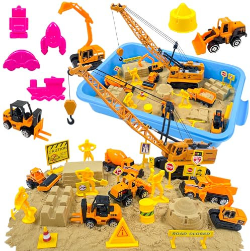 NlsqEU Sabbia Cinetica Bambini, Sabbia Magischer per Bambini, 7 Camion da Costruzione, 16 Giocattoli e Cartelli da Costruzione，14 Stampi Set, Sabbia Cinetica Set di Costruzione per Bambini
