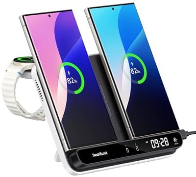 SwanScout Charging Station for Samsung S25 Ultra, Dual Wireless Charger for Samsung S25/S24/S23/S22/S21/Z Flip 7/Z Fold 7, for Galaxy Watch 7/Ultra/6/5/4/3, SwanScout 710S