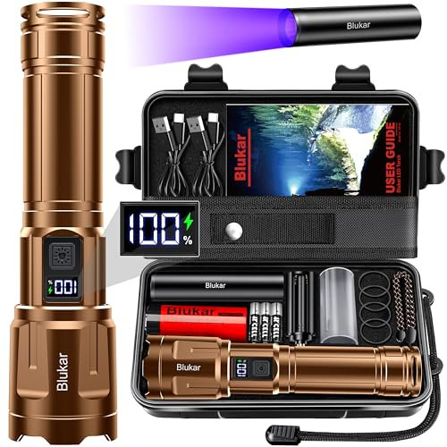 Blukar LED Torch Super Bright - 3 Color Temperatures & 4 Modes, Rechargeable, Long-Lasting 5000mAh, Adjustable Focus, IP67 Waterproof Handheld Torch Flashlight for Camping, Emergency, Hiking etc-Brown