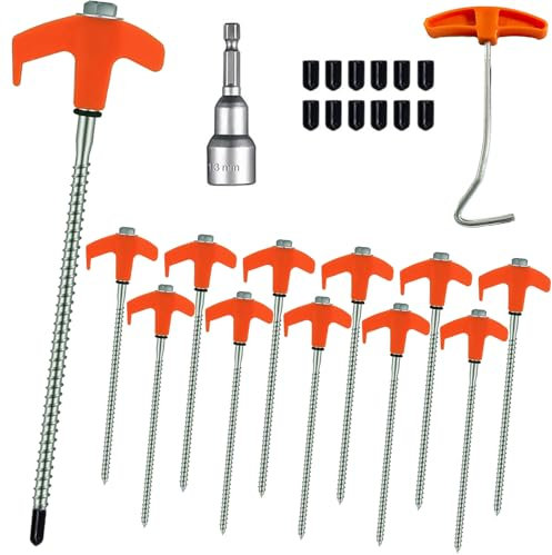 12 Pcs 20cm Drehbare Schraubheringe mit Gewinde & Heringzieher, Stabil Stahl Heringe Erdnägel, Robust Camping Zeltheringe, Schrauben Zelt Sturmsicher Zubehör für Harten Boden, Wald,Wiesen,Gras(Orange)