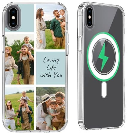 Customized Magnetic Case for iPhone XS Max Add Your Personalized Collage Photo Picture Text Cover Compatible with MagSafe & Car Phone Mount Shockproof Not Yellowing Anti-Scratch Clear Transparent