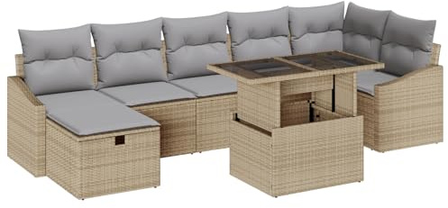 vidaXL Garten-Sofa-Set mit Kissen mit Speicher 8 pcs Beige Poly Rattan, Garten und Terrasse, modernes modulares Sofaset, höhenverstellbar, geflochtene Lounge, Outdoor-Sitzmöbel
