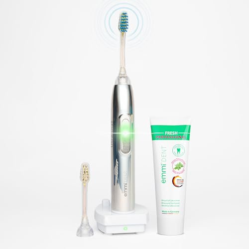 emmi-dent Metallic Ultraschallzahnbürste Holografik – Elektrische Zahnbürste ohne Schrubben mit 96 Mio. Schwingungen – Sanfte Reinigung – Starter-Set mit Aufsteckbürsten & Zahncreme