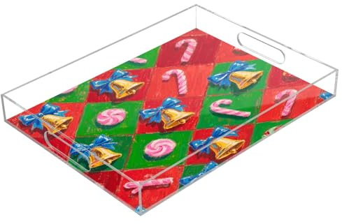 Merry Christmas Pink Candy Bell Acrylic Serving Tray with Handles Acrylic Clear Trays Waterproof 12 x 16