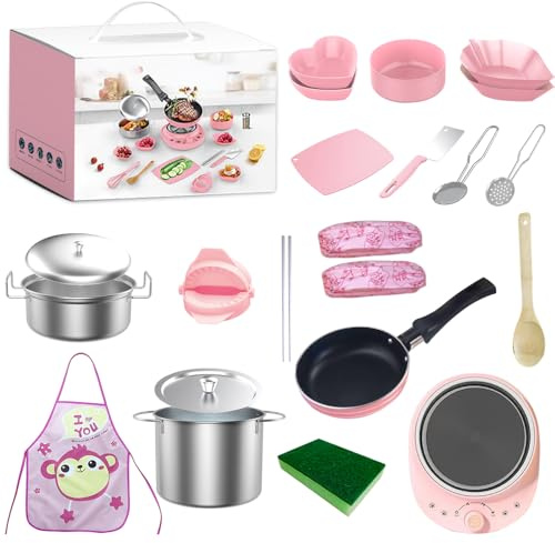 WDKXCN Kids Kitchen Accessories, 22PCS Cooking Set Toys for Kids, Pink KIds Pots and Pans Play Set, Easy Toy Kitchen SET for Children Beginner Cooking Educational TOys Gift