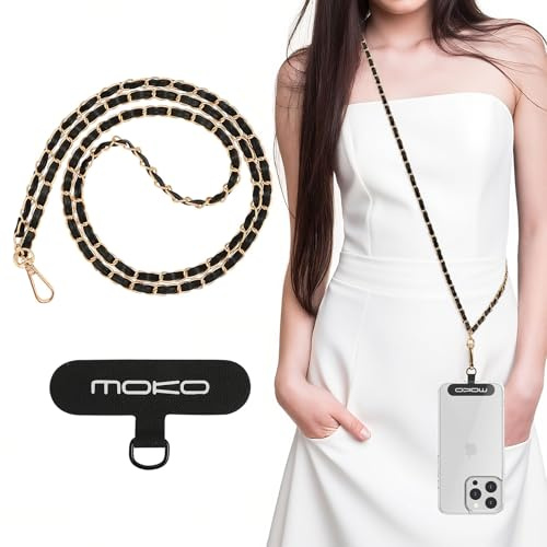 MoKo Handyband aus Metall, Universal Crossbody Handykette Abnehmbarer Freisprech-Telefonriemen für Reisen, Wandern, tägliches Pendeln - Passend für iPhone, die meisten Smartphones - Gold & Schwarz