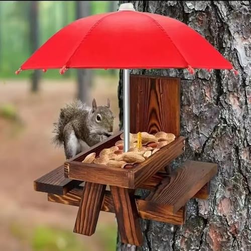 Mailfull Eichhörnchen Futterhaus Wetterfest mit Regenschirm Hölzerner Eichhörnchen Picknick Tisch mit Maiskolbenhalterung für Draußen Garten Baum oder Zaun