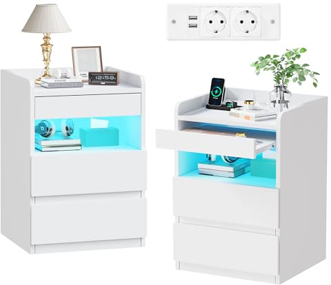 BEWISHOME Juego de 2 Mesitas de Noche,con Compartimento Oculto,con Luces LED y Estación de Carga Mesas Auxiliares（2 Tomas AC 2 Puertos USB）,para Salón,Dormitorio (Blanco) EFCG02W