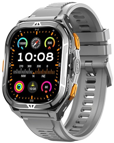 FOGOIN Thor 3.0 Smartwatch Herren, 1.96 AMOLED Display, Fitness Tracker mit Herzfrequenz & Schlafüberwachung, Robustes Edelstahlgehäuse, Bluetooth Anrufe, Kompatibel mit Android iOS (Grau)