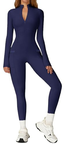 Ecupper Damen Workout Jumpsuit Langarm Ski suit Einteiler | Damen Jumpsuit langarm mit Reißverschluss, Seitentaschen, Optisch schlank machende - formende Kurven, für Sport & Alltag