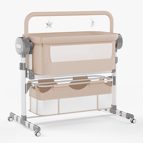 Aveainelle Cuna Colecho Bebe Eléctrica Smart con Bluetooth, Oscilación Traslacional, Música, Cuna Colecho Plegable y Convertible, Cama Ajustable para Recién Nacidos con Remoto y Ruedas (608 Caqui)