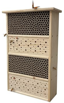Relaxdays Bienenhotel, Holz, Pappröhrchen, HxBxT: 40 x 26 x 10,5 cm, Garten, Balkon, Insektenhotel zum Aufhängen, Natur