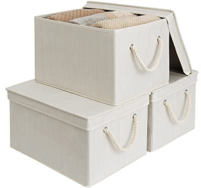 StorageWorks Aufbewahrungsboxen mit Deckel, 32 l, dekorative Aufbewahrungsboxen mit Deckel und Griffen aus Baumwollseil, Mischung aus Beige, Weiß und Elfenbein, Jumbo, 3er-Pack